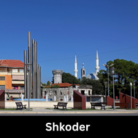 View of downtown Shkoder, Albania, situated between Lake Shkodër and the Albanian Alps.