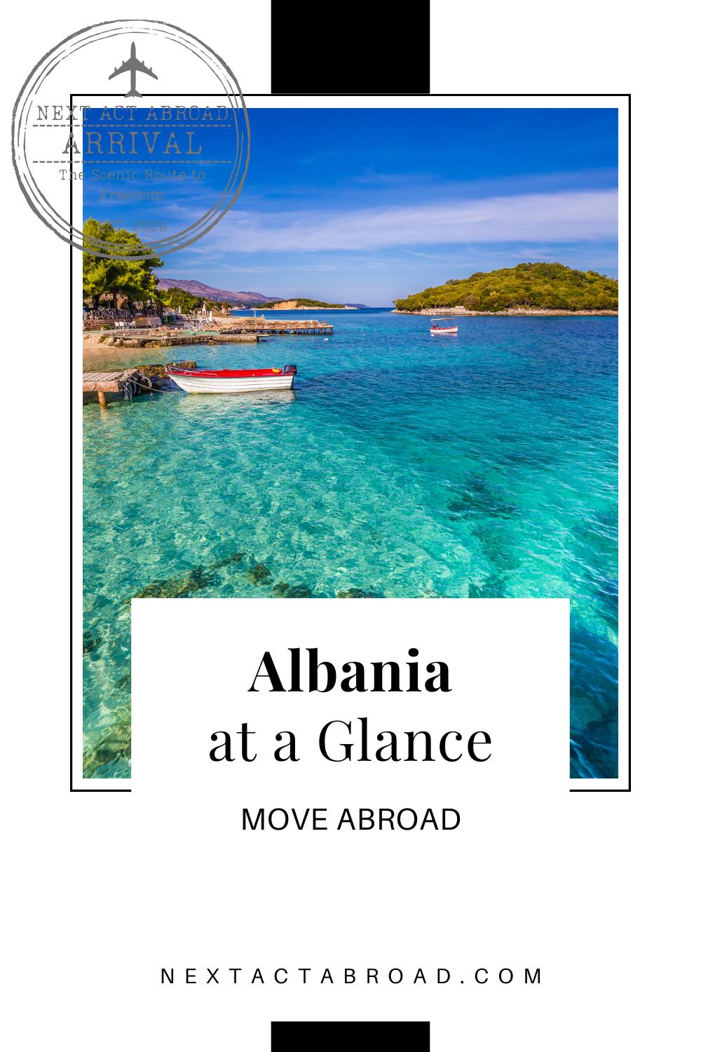 View of Albanian coastline. Image text: Albania at a Glance, Move Abroad