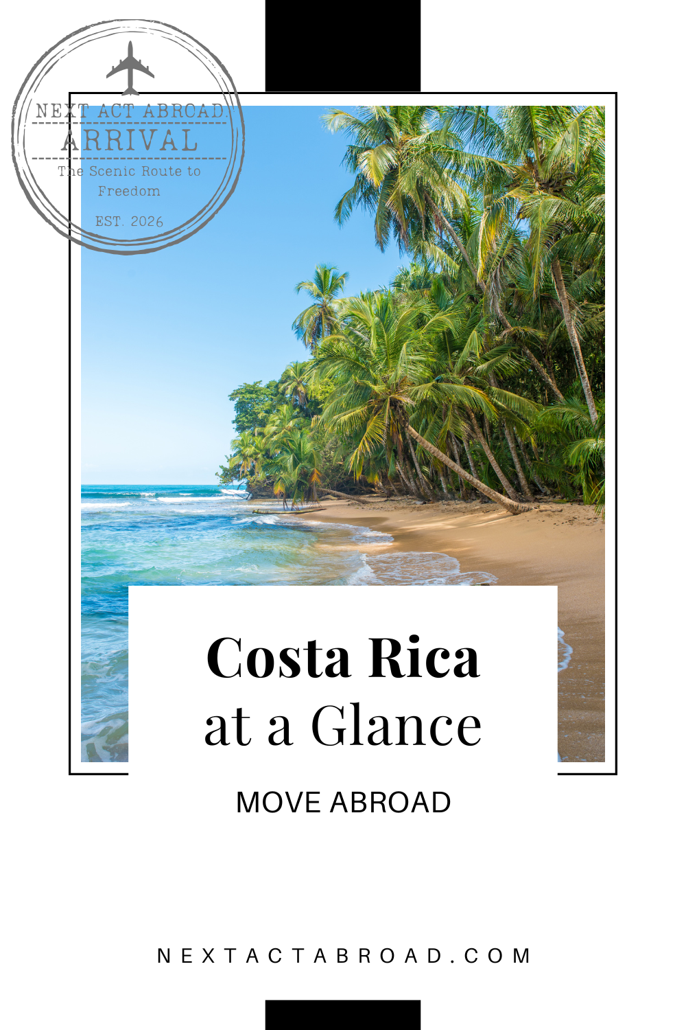 View of Costa Rican beach with blue skies and palm trees. Image text: Costa Rica at a Glance, Move Abroad
