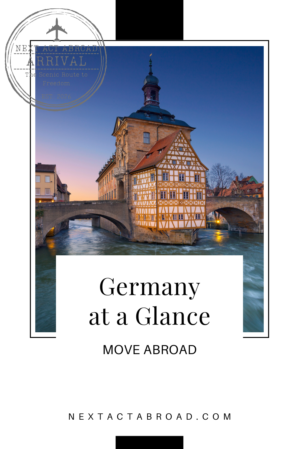 View of half timber German building built into bridge. Image Text: Germany at a Glance, move abroad.