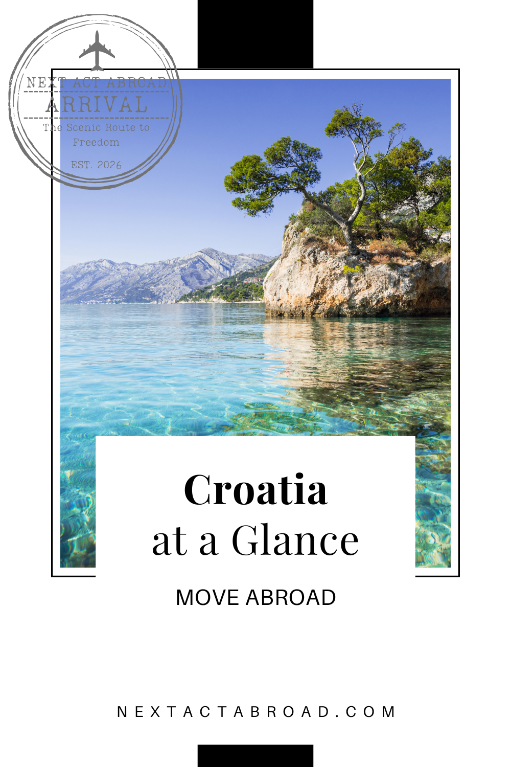 View of Croatian coastline. Image text: Croatia at a Glance, Move Abroad.