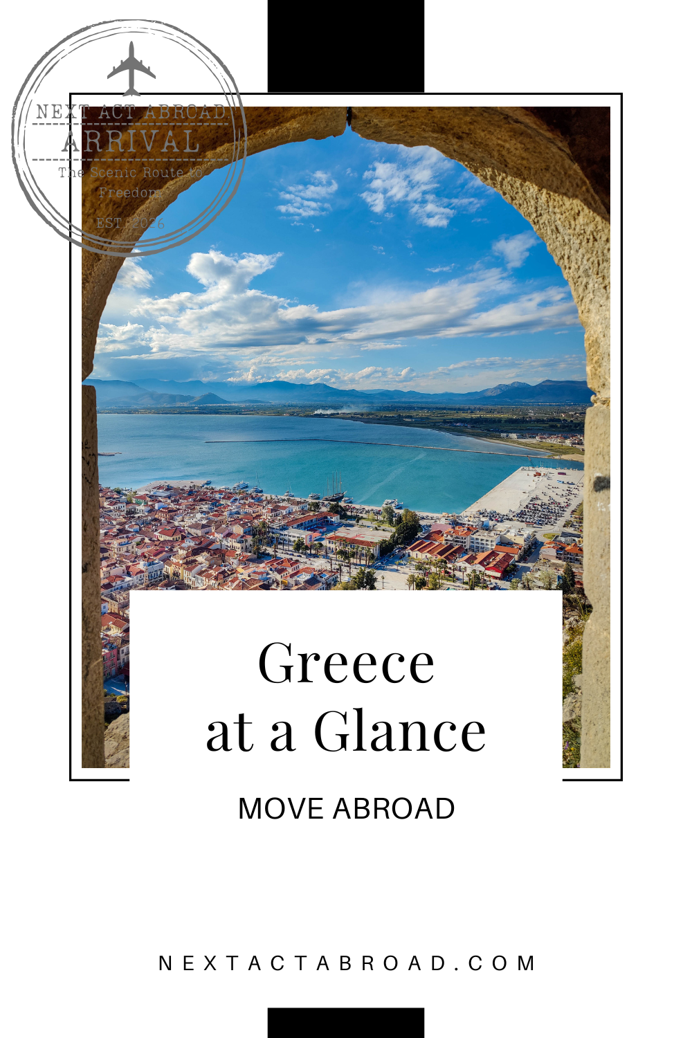 Image of Greek coastal city. Image text: Greece at a Glance Move Abroad