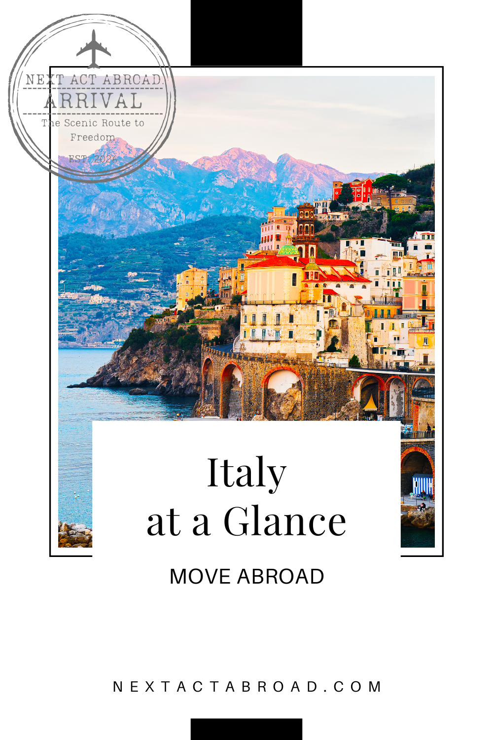 Image of Italian coastline, with text: Italy at a Glance, Move Abroad.