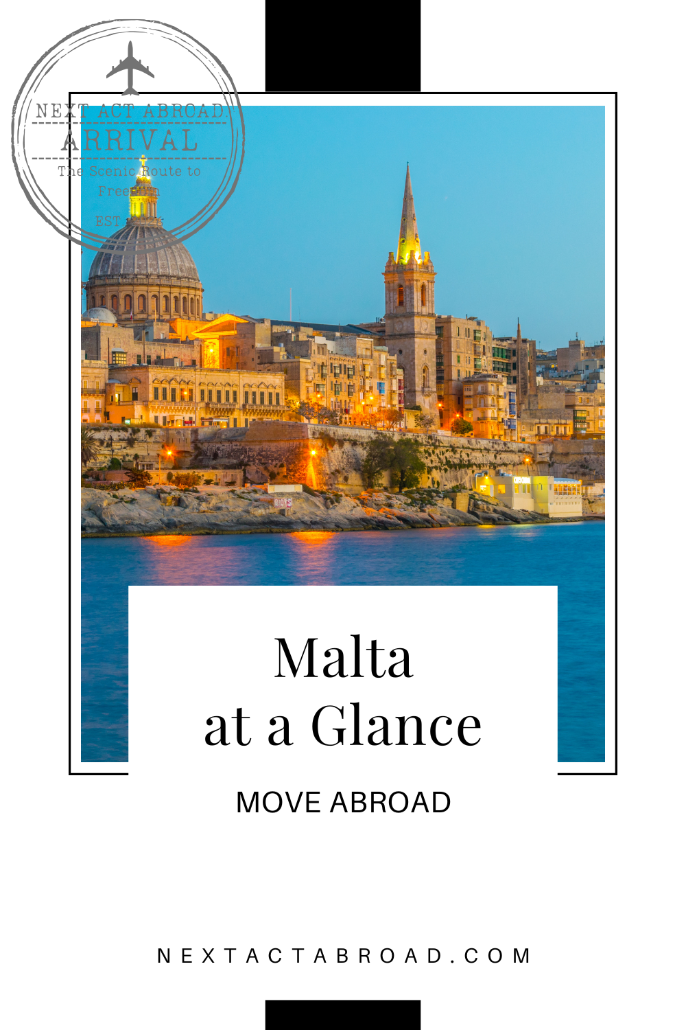 View of Valetta, Malta from the Mediterranean Sea. Image Text: Malta at a Glance, More Abroad.